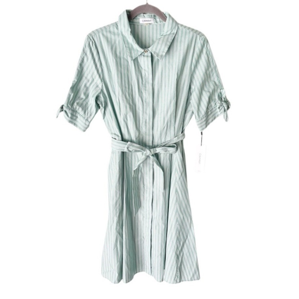 Calvin Klein Green Striped Shirt Dress Size 12 NWT Office Old Money Hamptons
